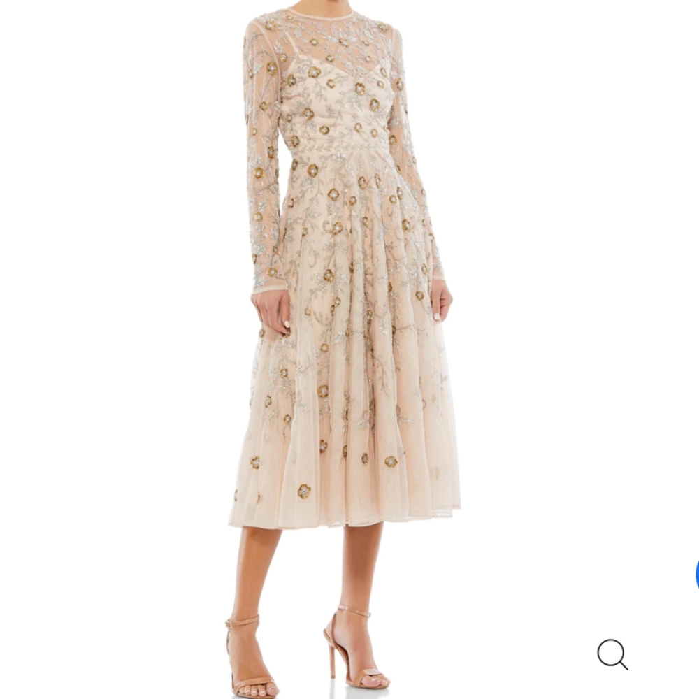 Mac Duggal Beaded Illusion Long sleeve A line Gown Nude plus size 14